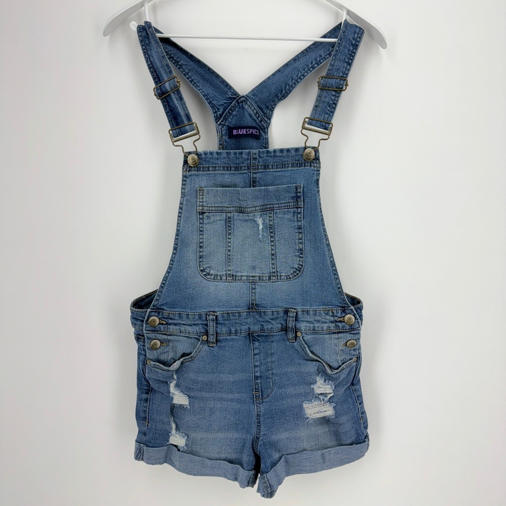 Blue Spice Womens Distressed Denim Shortalls Medium Wash Cuffed Size 9